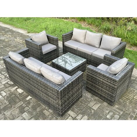 Fimous Rattan Garden Furniture Set 8 Seater Patio Outdoor Lounge Sofa Set with 2 Armchairs Square Coffee Table Dark Grey Mixed (1/5)