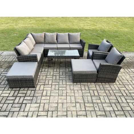 Fimous Outdoor Furniture Garden Dining Set Rattan Corner Sofa Set with 2 Armchairs 2 Big Footstool Dark Grey Mixed (1/5)