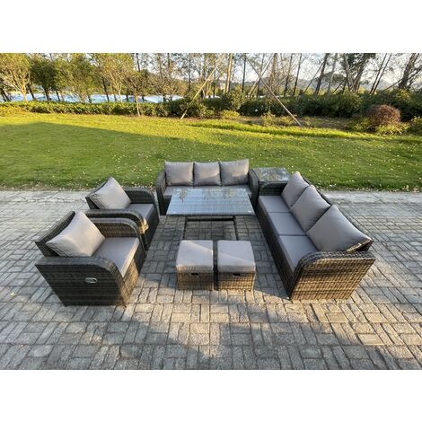 Fimous 10 Seater Rattan Outdoor Garden Furniture Sofa Set Patio Table & Chairs Set with 3 Seater Sofa Rectangular Dining Table Side Table 2 Small Footstools Dark Grey Mixed