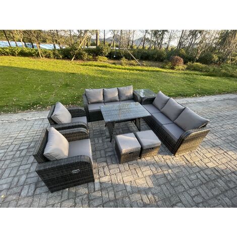 Fimous 10 Seater Rattan Outdoor Garden Furniture Sofa Set Patio Table & Chairs Set with 3 Seater Sofa Rectangular Dining Table Side Table 2 Small Footstools Dark Grey Mixed