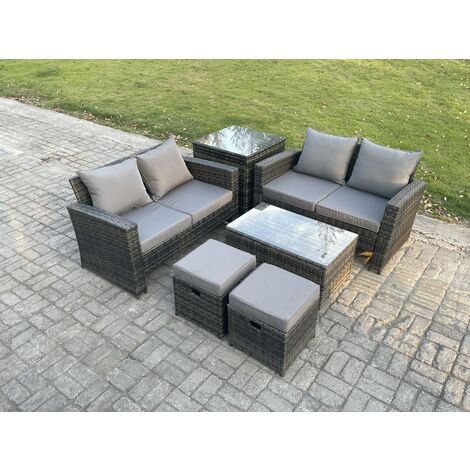 Fimous Wicker Rattan Garden Furniture Sofa Set with Rectangular Coffee Table Double Seat Sofa 2 Small Footstool Side Table 6 Seater Outdoor Rattan Set Dark Grey Mixed (1/5)