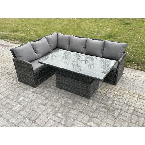 Fimous Wicker PE Outdoor Rattan Garden Furniture Set Height Adjustable Rising Lifting Table Sofa Dining Set with Dark Grey Mixed