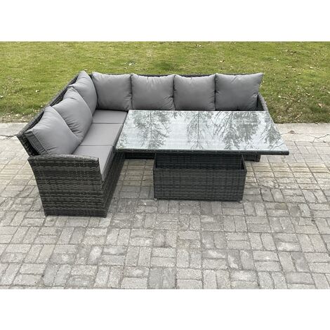 Fimous Wicker PE Outdoor Rattan Garden Furniture Set Height Adjustable Rising Lifting Table Sofa Dining Set with Dark Grey Mixed
