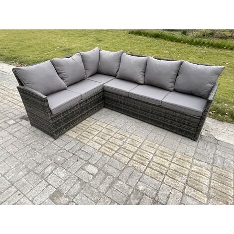 Fimous Wicker PE Outdoor Rattan Garden Furniture Set Height Adjustable Rising Lifting Table Sofa Dining Set with Dark Grey Mixed