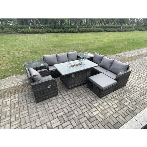 Fimous Rattan Outdoor Furniture Gas Fire Pit Rectangle Dining Table Gas Heater Reclining Chair 3 Seater Sofa Sets with Big Footstool 2 Side Tables 8 Seater (1/5)