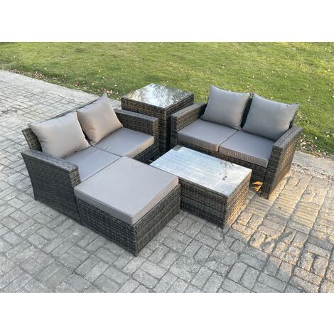 Fimous Wicker Rattan Garden Furniture Sofa Set with Rectangular Coffee Table Double Seat Sofa Big Footstool Side Table 5 Seater Outdoor Rattan Set Dark Grey Mixed (1/5)
