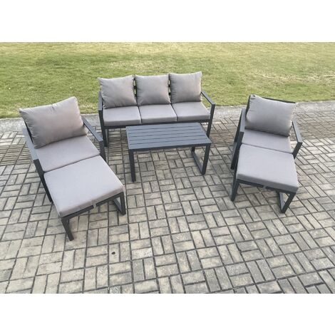 Fimous Aluminium 6 Pieces Garden Furniture Sofa Set with Cushions 7 Seater Outdoor Patio Set with 2 Armchair 2 Big Footstools Dark Grey