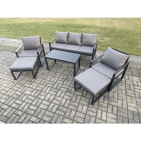 Fimous Aluminium 6 Pieces Garden Furniture Sofa Set with Cushions 7 Seater Outdoor Patio Set with 2 Armchair 2 Big Footstools Dark Grey
