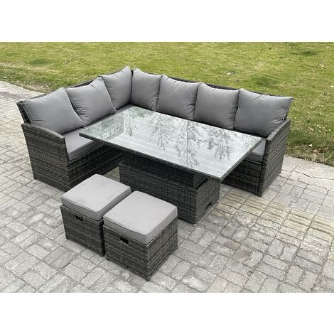 Fimous Wicker PE Outdoor Rattan Garden Furniture Set Height Adjustable Rising Lifting Table Sofa Dining Set with 2 Small Footstools Dark Grey Mixed