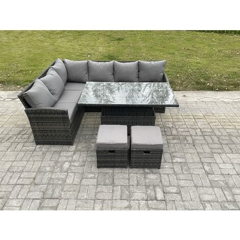 Fimous Wicker PE Outdoor Rattan Garden Furniture Set Height Adjustable Rising Lifting Table Sofa Dining Set with 2 Small Footstools Dark Grey Mixed