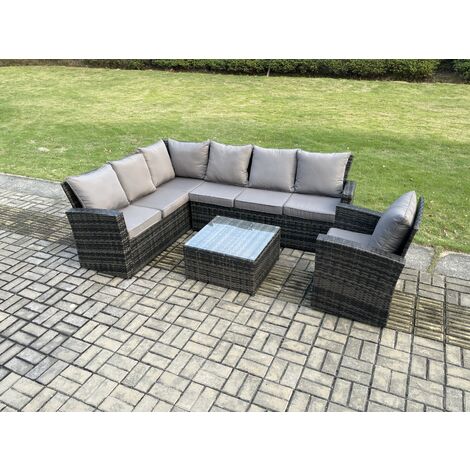 Fimous 7 Seater Outdoor Furniture Garden Dining Set Rattan Corner Sofa Set with Square Coffee Table Armchair Dark Grey Mixed (1/5)