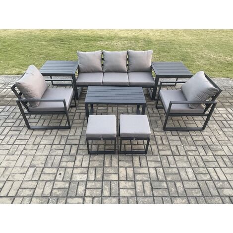 Fimous Aluminium Patio Outdoor Furniture Set 8 Pcs Garden Sofa with Oblong Coffee Table 2 Small Footstools 2 Armchairs 2 Side Tables Dark Grey