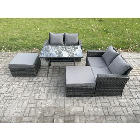 Fimous 6 Seater Wicker PE Rattan Garden Dining Set Outdoor Furniture Sofa with Rectangular Dining Table Double Seat Sofa 2 Big Footstool Dark Grey Mixed (1/5)