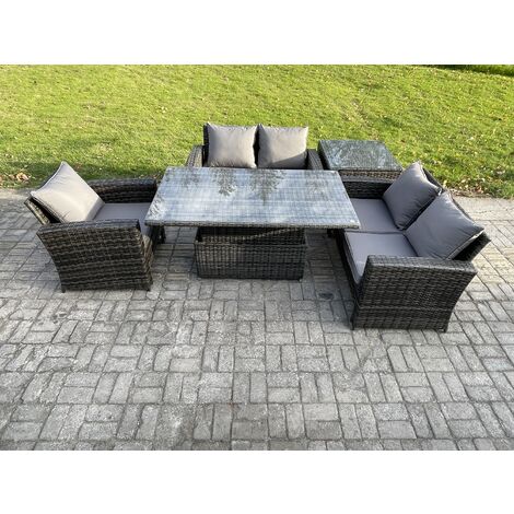 Fimous 5pcs Rattan Outdoor Garden Furniture Set Height Adjustable Rising Lifting Table Sofa Dining Set with Side Table Dark Grey Mixed