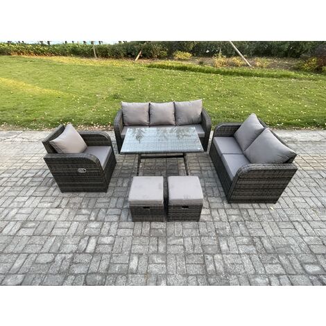 Fimous 8 Seater Outdoor Rattan Garden Furniture Set Patio Lounge Sofa Set with Dining Table 2 Small Footstools Dark Grey Mixed (1/5)