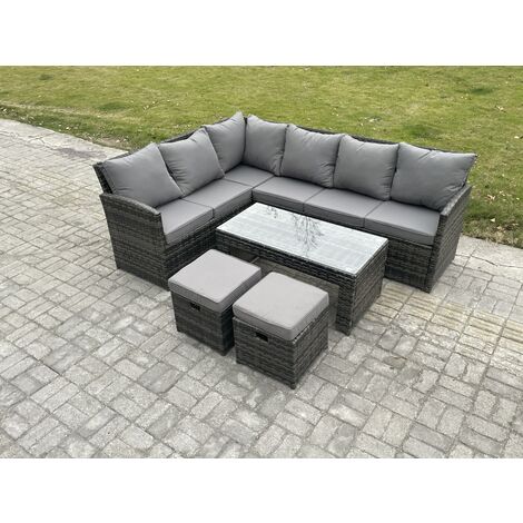 Fimous 8 Seater Outdoor Rattan Garden Furniture Set Corner Sofa Oblong Coffee Table Sets with Patio 2 Small Footstools Dark Grey Mixed (1/5)