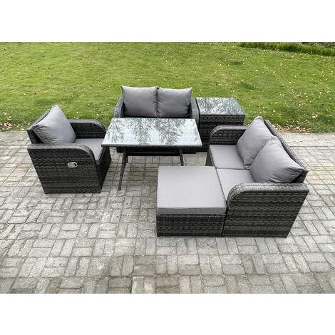 Fimous 6 Pieces Outdoor Garden Dining Sets Rattan Furniture With Dining Table Armchairs Love Sofa Big Footstool Side Table Dark Grey Mixed (1/5)