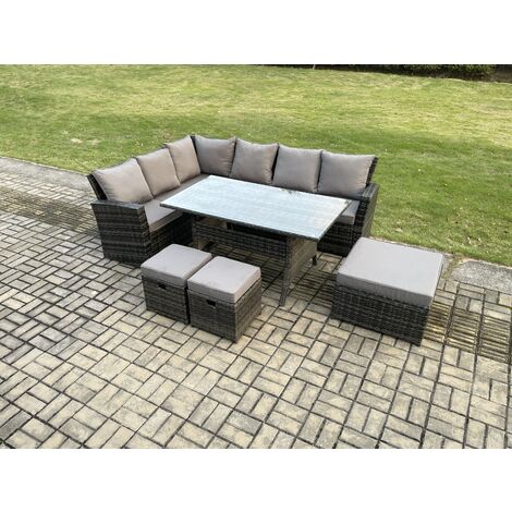 Fimous 9 Seater Garden Rattan Furniture Corner Dining Set with 3 Footstools Indoor Outdoor Lounge Sofa Set Dark Grey Mixed