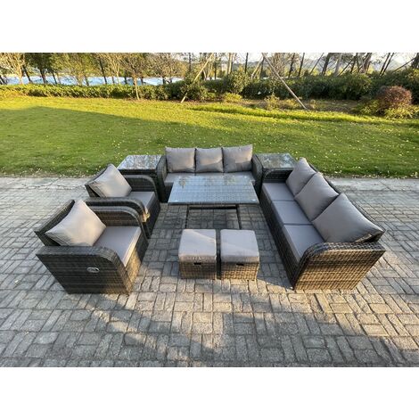 Fimous 10 Seater Rattan Outdoor Garden Furniture Sofa Set Patio Table & Chairs Set with 3 Seater Sofa Rectangular Dining Table 2 Small Footstool 2 Side Tables Dark Grey Mixed