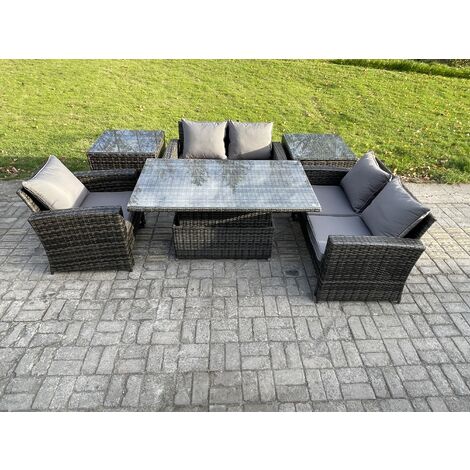 Fimous 6pcs Rattan Outdoor Garden Furniture Set Height Adjustable Rising Lifting Table Sofa Dining Set with 2 Side Tables Dark Grey Mixed