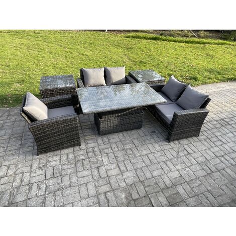 Fimous 6pcs Rattan Outdoor Garden Furniture Set Height Adjustable Rising Lifting Table Sofa Dining Set with 2 Side Tables Dark Grey Mixed