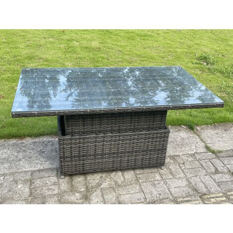 Fimous 6pcs Rattan Outdoor Garden Furniture Set Height Adjustable Rising Lifting Table Sofa Dining Set with 2 Side Tables Dark Grey Mixed