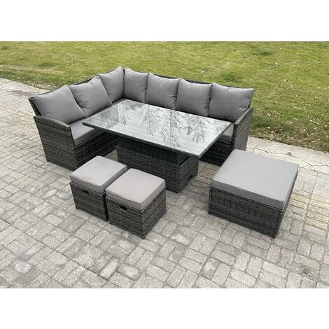 Fimous Wicker PE Outdoor Rattan Garden Furniture Set Height Adjustable Rising Lifting Table Sofa Dining Set with 3 Footstools Dark Grey Mixed