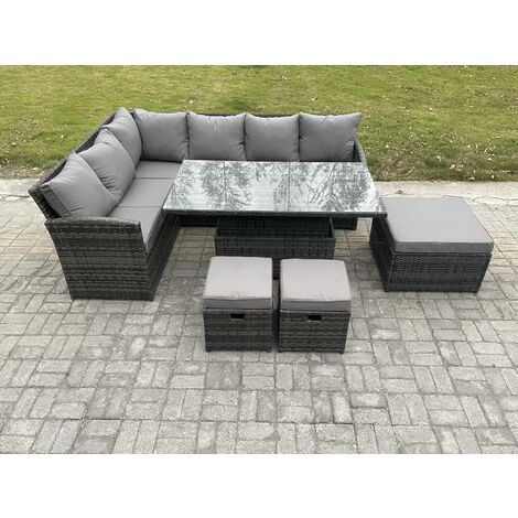 Fimous Wicker PE Outdoor Rattan Garden Furniture Set Height Adjustable Rising Lifting Table Sofa Dining Set with 3 Footstools Dark Grey Mixed