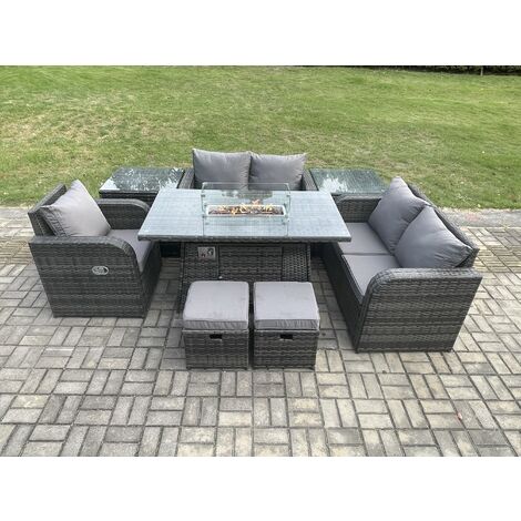 Fimous Outdoor Sofa Rattan Garden Furniture Set Patio Gas Fire Pit Dining Table and Reclining Chair set with 2 Side Tables 2 Small Footstools Dark Grey Mixed (1/5)