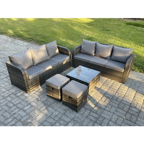 Fimous Indoor Outdoor Rattan Garden Furniture 8 Seater Set Table Sofa Chair Patio Conservatory with Grey Cushions 2 Small Footstools (1/5)