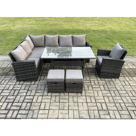 Fimous 9 Seater Garden Rattan Furniture Corner Dining Set with 2 Small Footstools Armchair Indoor Outdoor Lounge Sofa Set