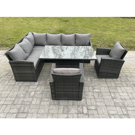 Fimous Wicker PE Outdoor Rattan Garden Furniture Set Height Adjustable Rising Lifting Table Sofa Dining Set with 2 Armchairs Dark Grey Mixed
