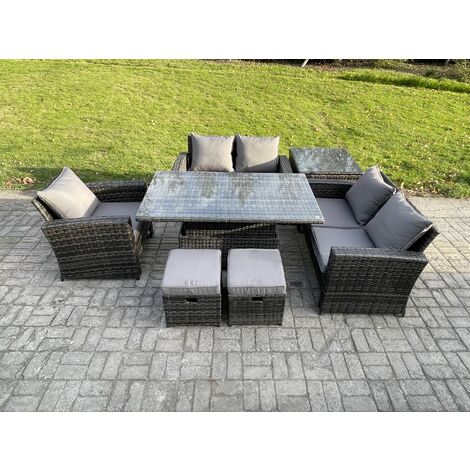 Fimous 7pcs Rattan Outdoor Garden Furniture Set Height Adjustable Rising Lifting Table Sofa Dining Set with Side Table 2 Small Footstools Dark Grey Mixed
