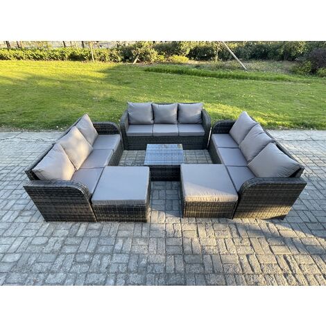 Fimous 11 Seater Outdoor Rattan Garden Furniture Set Conservatory Patio Sofa Coffee Table With 2 Big Footstool Dark Grey Mixed (1/5)