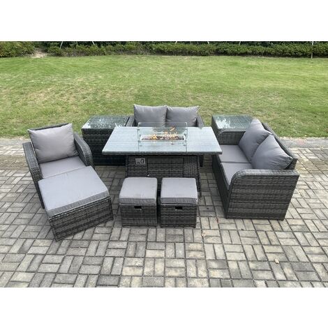 Fimous Outdoor Sofa Rattan Garden Furniture Set Patio Gas Fire Pit Dining Table and Reclining Chair set with 2 Side Tables 3 Footstools Dark Grey Mixed (1/5)