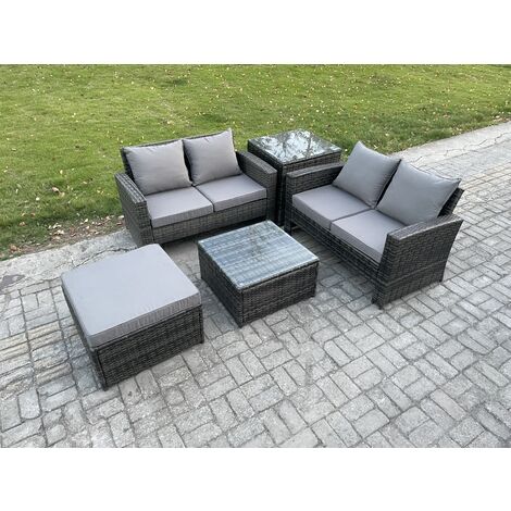 Fimous Rattan Garden Furniture Set 5 piece Patio Rattan Furniture Sofa Weaving Wicker includes 2 Double Seat Sofa, Coffee Table, Big Footstool and Side Table (1/5)
