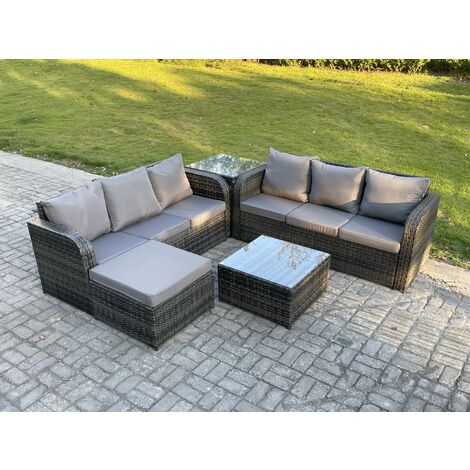 Fimous Indoor Outdoor Rattan Garden Furniture 7 Seater Set Table Sofa Chair Patio Conservatory with Grey Cushions Big Footstool Side Table (1/5)