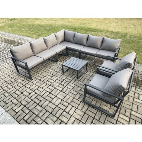 Fimous Outdoor Garden Furniture Patio Lounge Corner Sofa Aluminium Set with Square Coffee Table 2 Pcs Arm Chairs Dark Grey (1/5)