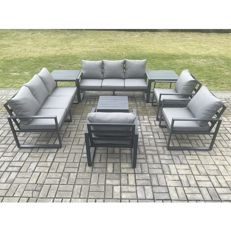 Fimous Aluminium Outdoor Garden Furniture Set Patio Lounge Sofa with Square Coffee Table 3 Armchairs 2 Side Tables Dark Grey