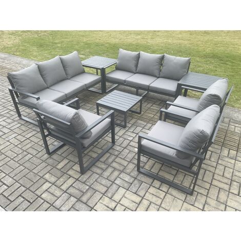 Fimous Aluminium Outdoor Garden Furniture Set Patio Lounge Sofa with Square Coffee Table 3 Armchairs 2 Side Tables Dark Grey