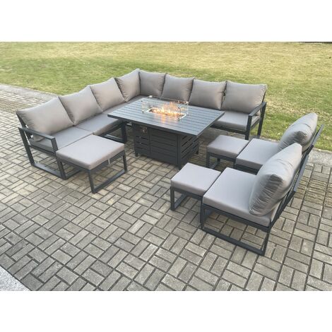 Fimous Aluminium 12 Seater Lounge Corner Sofa Outdoor Garden Furniture Sets Gas Fire Pit Dining Table Set with 3 Footstools Dark Grey