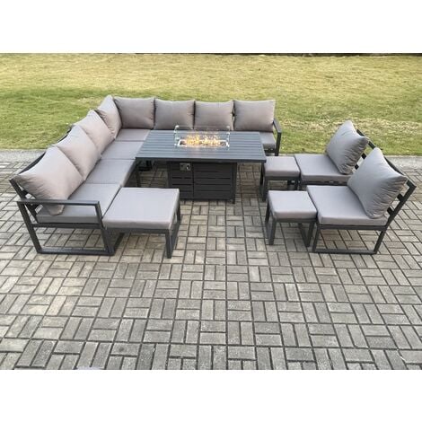 Fimous Aluminium 12 Seater Lounge Corner Sofa Outdoor Garden Furniture Sets Gas Fire Pit Dining Table Set with 3 Footstools Dark Grey