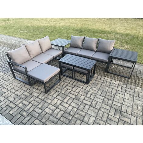 Fimous Aluminium 9 Seater Garden Furniture Outdoor Patio Sofa Set with Rectangular Coffee Table 3 Footstools 2 Side Tables Dark Grey
