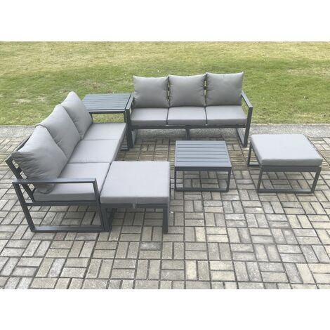 Fimous Aluminium 6 Pieces Garden Furniture Sofa Set with Cushions 8 Seater Outdoor Patio Set with Square Coffee Table Side Table 2 Big Footstools Dark Grey (1/5)