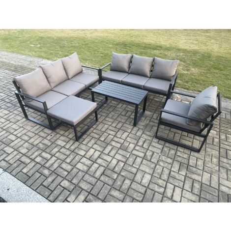 Fimous Aluminium 8 Seater Garden Furniture Outdoor Patio Sofa Set with Rectangular Coffee Table Armchair Big Footstool Dark Grey