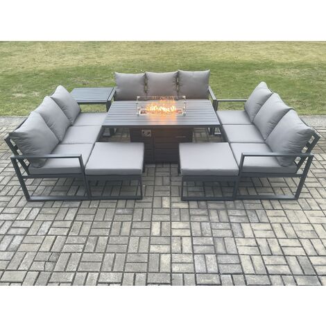 Fimous Aluminium 11 Seater Garden Furniture Outdoor Set Patio Lounge Sofa Gas Fire Pit Dining Table Set with 2 Big Footstools Side Table Dark Grey