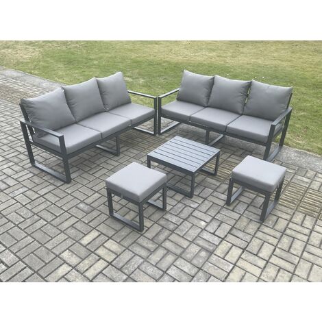 Fimous Aluminium 5 Pieces Garden Furniture Sofa Set with Cushions 8 Seater Outdoor Patio Set with Square Coffee Table 2 Small Footstools Dark Grey (1/5)