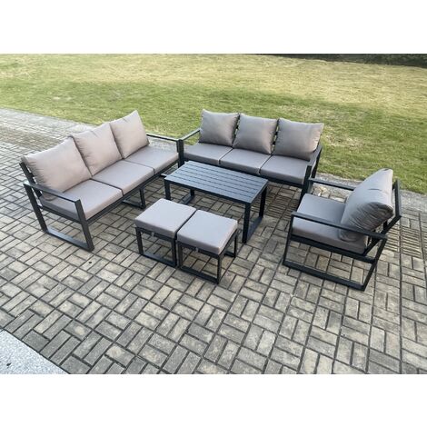 Fimous Aluminium 9 Seater Garden Furniture Outdoor Patio Sofa Set with Rectangular Coffee Table Armchair 2 Small Footstool Dark Grey (1/5)