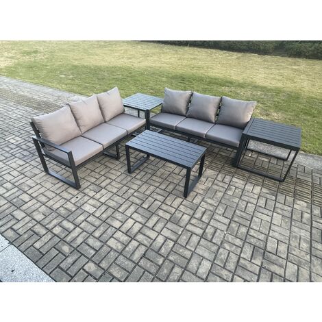 Fimous Aluminium 5 Pieces Outdoor Garden Furniture Lounge Sofa Set with Oblong Coffee Table 2 Side Tables Dark Grey (1/5)