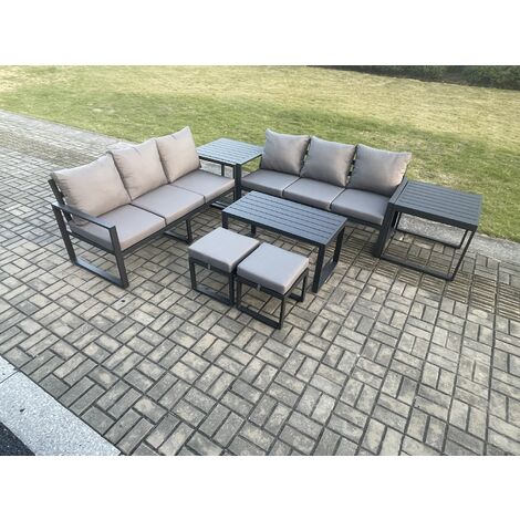 Fimous Aluminium Patio Outdoor Garden Furniture Lounge Sofa Set with Oblong Coffee Table 2 Small Footstools 2 Side Tables Dark Grey (1/5)